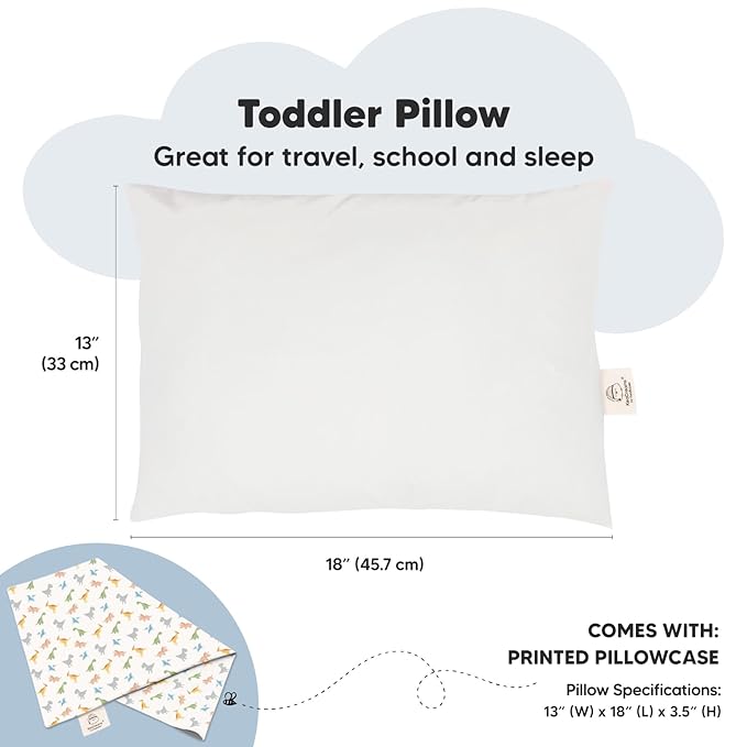 Toddler Pillow with Pillowcase - 13x18 My Little Dreamy Pillow, Organic Cotton Toddler Pillows for Sleeping, Kids Pillow, Travel Pillows, Mini Pillow, Nursery Pillow, Toddler Bed Pillow (Roarsome)