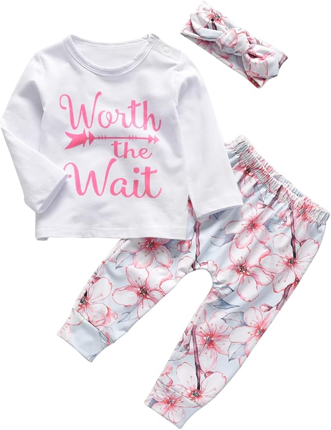 KuKitty 3Pcs Baby Girl Outfits Set Long Sleeve T-Shirt Tops Flowers Pants with Headband