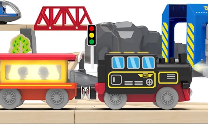 Motorized Train for Wooden Track, Remote Control Train with Magnetic Connection, Battery Operated Locomotive Trains for Toddlers, Compatible with Thomas, Brio, Chuggington