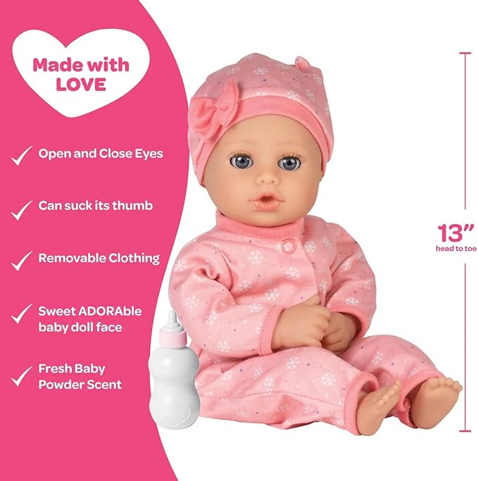 Adora Play Time Babies Collection, 13" Baby Doll with Doll Clothes and Accesories, Made with Sweet Baby Powder Scent, and GentleTouch Vinyl Body, Birthday Gift for Ages 1+ - Cozy Snowflakes