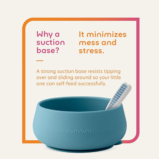 NumNum Suction Bowl + Pre-Spoon GOOtensils Self Feeding Set for Babies & Toddlers | Baby Spoon Set (Stage 1+ 2) | 100% Food Grade Silicone BPA-Free | Strong Suction | 4 months+ (Blue/Navy)