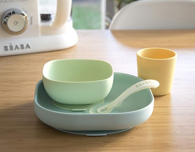 BEABA Silicone 4 Piece Baby Feeding Set, Suction Plates for Baby, Includes Plate, Bowl, Cup, 2nd Stage Silicone Spoon, High Grade Food Safe Silicone, Pastels