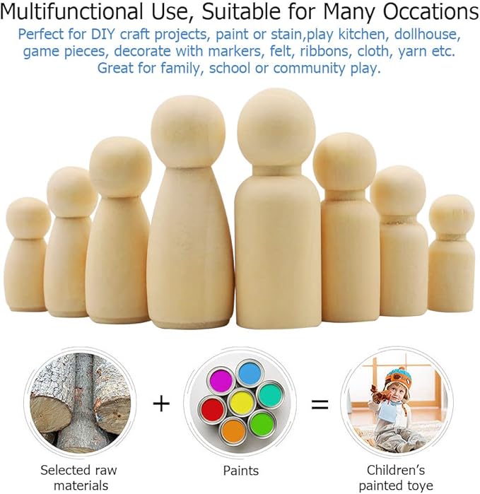 50 Pack Unfinished Wooden Peg Dolls, Abnaok Peg People, Doll Bodies, Wooden Figures, Decorative Peg Doll People for Kids DIY Art Craft, Painting, Peg Game, Home Party Decor, Assorted Shapes and Sizes