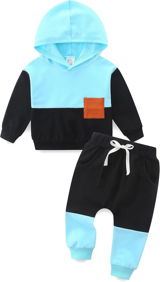 Baby Boy Outfits Short Long Sleeve Pants Clothes Set Spring Summer Hooded Patchwork Sweatshirt