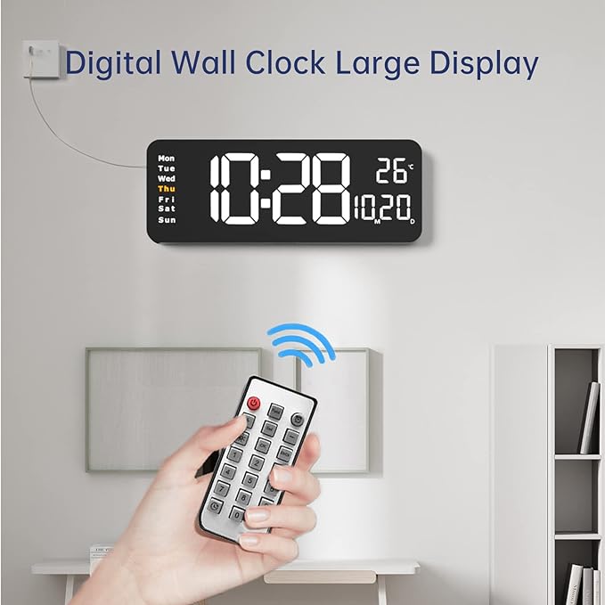 16.2" Large Digital Wall Clock with LED Display, Remote Control, Automatic Brightness Dimmer, Big Clock with Date, Week, Temperature, Orange