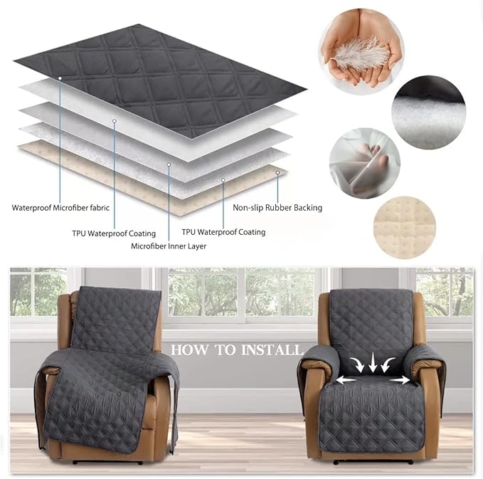 TOMORO Non-Slip Quilted Recliner Cover, 100% Waterproof Recliner Chair Slipcover Furniture Protector with Pockets, Washable Couch Cover with Elastic Straps for Kids and Pets，23 Inch