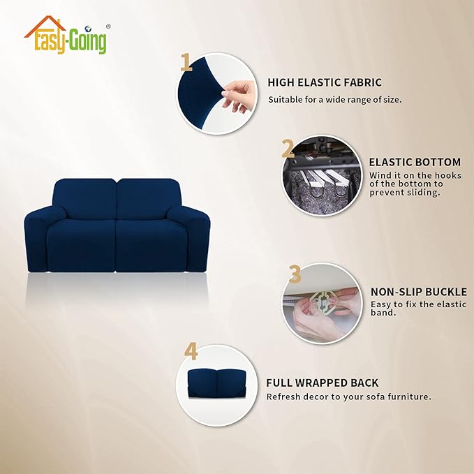 Easy-Going Oversized 6 Pieces Microfiber Stretch Sectional Recliner Loveseat Sofa Slipcover Soft Fitted Fleece 2 Seats Couch Cover Washable Furniture Protector with Elasticity for Kids Pet Navy