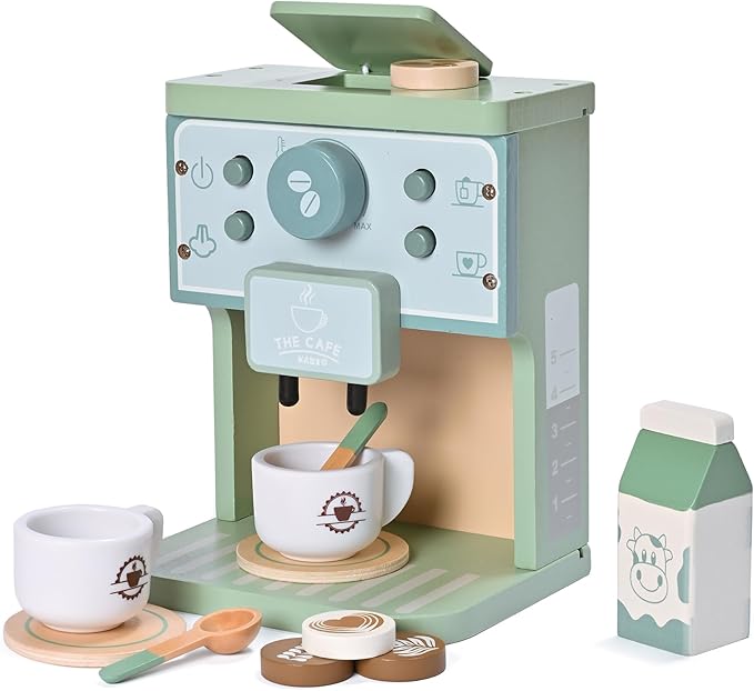 Kids Wooden Toys Toddler Pretend Play Kitchen Accessories Green Coffee Maker Espresso Machine Playset Montessori Kitchen Toy Gift for Girls and Boys