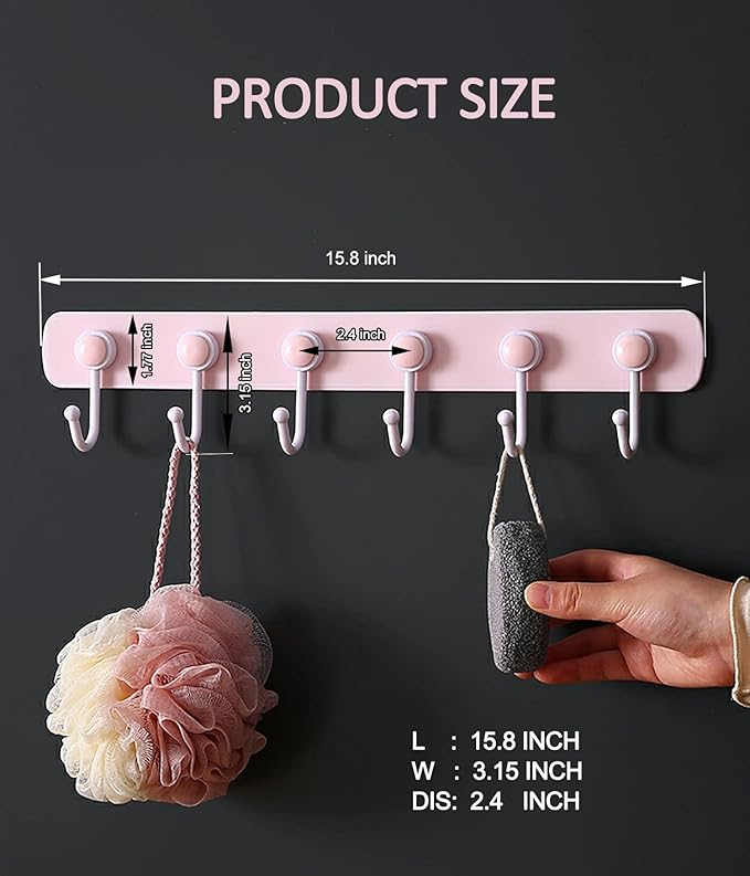 Kids Coat Rack Wall Mount, Adhesive Wall Hooks with 6 Rotating Hooks for Hanging Clothes Cooking Towels, Pink Decorative Hangers for Girls Bedroom, Bathroom, Office (Pink 2 Pack)