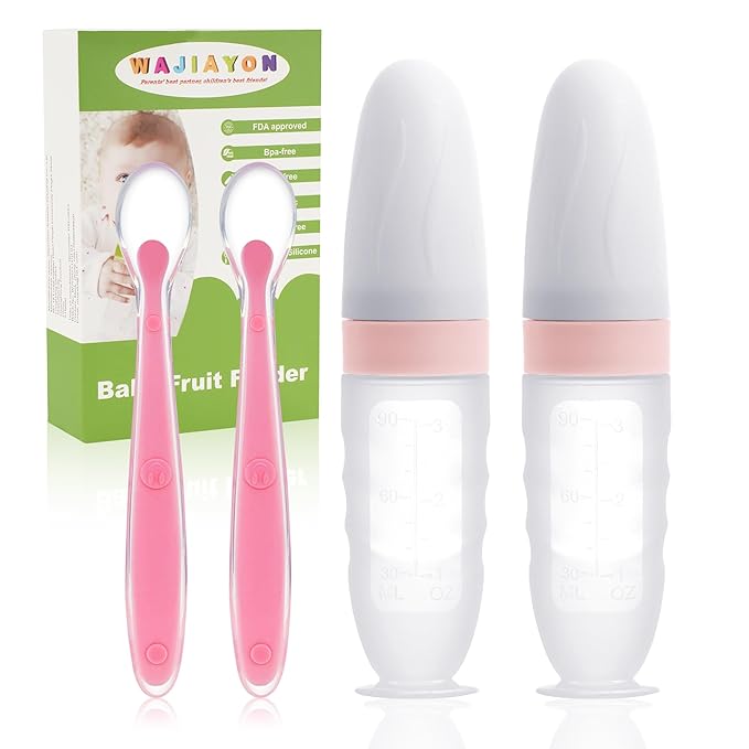 WAJIAYON Baby Food Feeder 4 Pack Silicone Baby Food Dispensing Spoon-3 oz Squeeze Feeding Spoons with Suction Cup for Boys Girl Kids Toddlers - Self Feeding Bottle Spoon-Sakura Pink