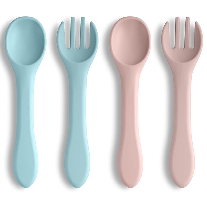Vicloon Silicone Baby Spoon and Fork Set, 4PCS Baby Led Weaning Spoons and Forks Set, First Stage Feeding Spoons for Infants, Silicone Baby Spoon,Silicone Feeding Spoons Dishwasher Safe,Baby Utensils