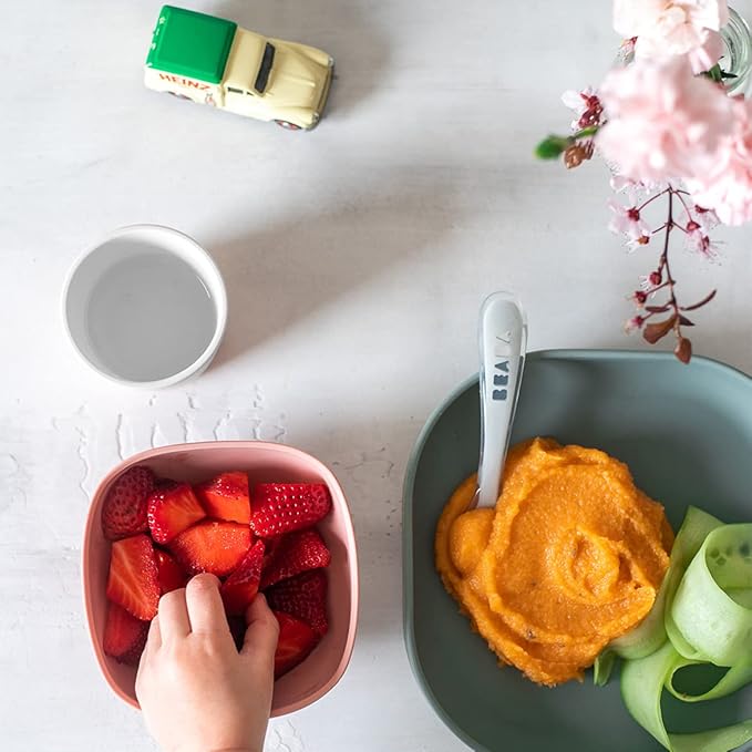 BEABA Silicone 4 Piece Baby Feeding Set, Suction Plates for Baby, Includes Plate, Bowl, Cup, 2nd Stage Silicone Spoon, High Grade Food Safe Silicone, Baby Must Haves, Eucalyptus