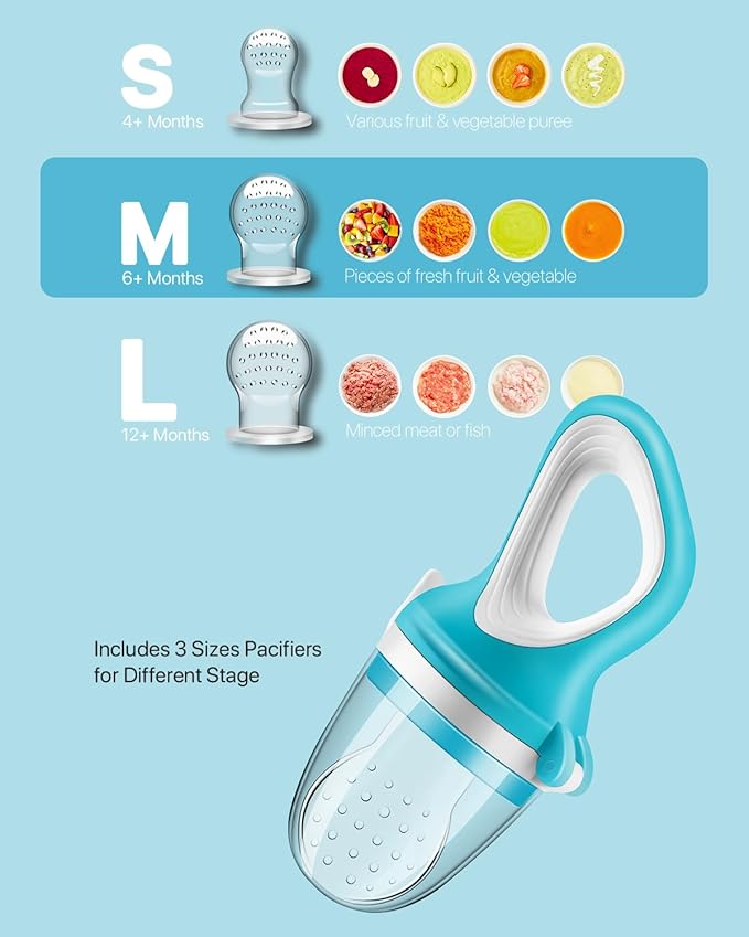 Food Feeder Baby Fresh Fruit Feeder (2 Pack) with 3 Different Sized Silicone Pacifiers, Mash and Serve Bowl with 4 Soft-Tip Silicone Baby Spoons, Perfect Baby First Stage Feeding Set by MICHEF
