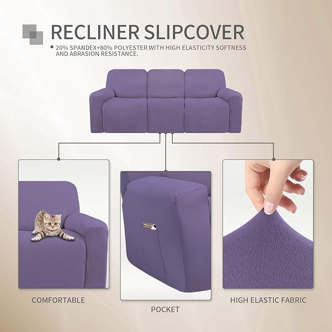 Easy-Going 8 Pieces Microfiber Stretch Sectional Recliner Sofa Slipcover Soft Fitted Fleece 3 Seats Couch Cover Washable Furniture Protector with Elasticity for Kids Pet(Recliner Sofa, Purple)