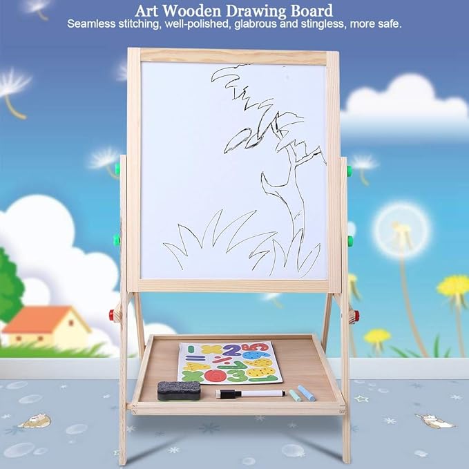 TOPINCN Art Wooden Drawing Board,Double Side Drawing Board for Chalk and Cartoon Letters Stickers for Nursery and Baby Toddler Junior Bedrooms Drawing Paper