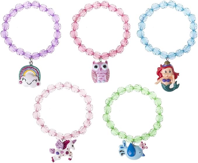 5pc Mermaid Bracelet, Unicorn Bracelet, Little Girl Animal Bracelets, Teens Kids Owl Pendant Beaded Bracelet Girl Party Favor Pretend Play Bracelet (Animal Bracelet)