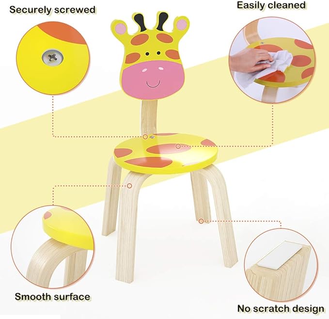 iPlay, iLearn 2 PCS Wooden Kids Chair Sets, Natural Hardwood Giraffe & Frog Animal Children Chairs, Furniture Set for Toddlers Kids Boys Girls, Stackable for Playroom, Nursery, Preschool, Kindergarten