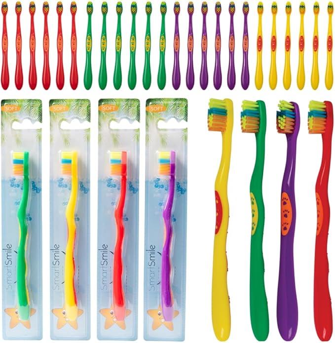 72 Pcs Bulk Kids Toothbrushes Individually Wrapped - Assorted Colors with Animal Paw Prints - Popular Dental Office Patient 21-542