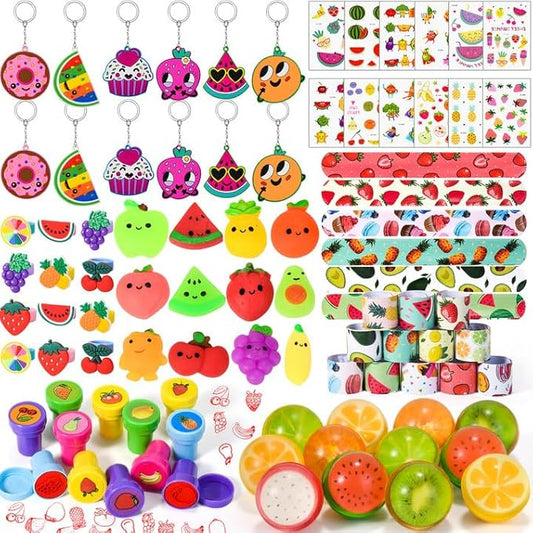 84Pcs Fruits Party Favors for Kids Squeeze Bouncy Ball Ring Keychain Slap Bracelet Tattoo Mini Toy Gift Summer Girl Boy Goodie Bag Stuffer Filler Watermelon Apple Strawberry Birthday Party Supplies