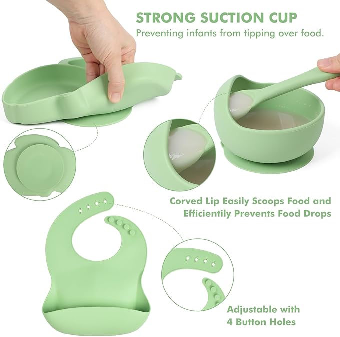 Silicone Baby Feeding Set 15 Pcs，Baby Spoons Suction Bowl Divided Plate Bib Cup Finger Brush Teething Teether，Baby Led Weaning Supplies,Baby & Toddler Silicone Plates and Bowls Dining Set（green）
