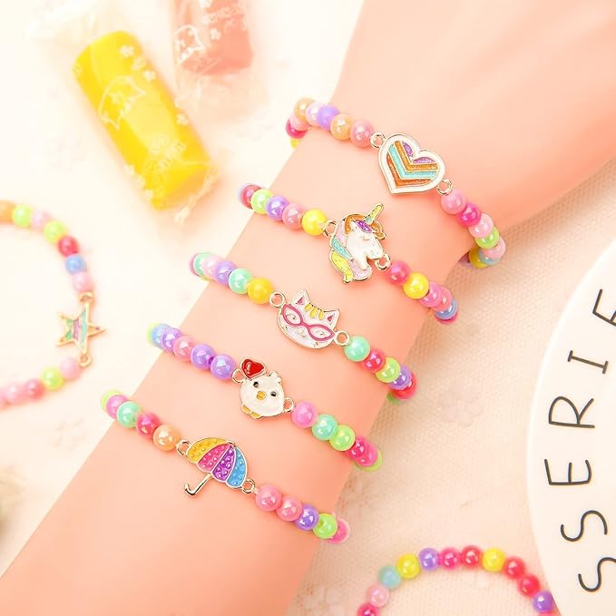 20 Pcs Colorful Unicorn Bracelet Girls Rainbow Unicorn Heart Beaded Bracelet Stretchy Costume Jewelry Set Party Favors Gifts Friendship Bracelets for Kids Little Girls (Bead Style)