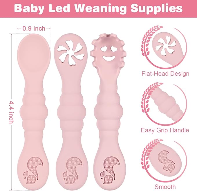 Silicone Baby Spoons Self Feeding 6+ Months 3PCS Toddler Forks and Spoons Utensils Baby Led Weaning Teething Spoon Infant Spoons First Stage Newborn Baby Essentials Baby Gifts Pink