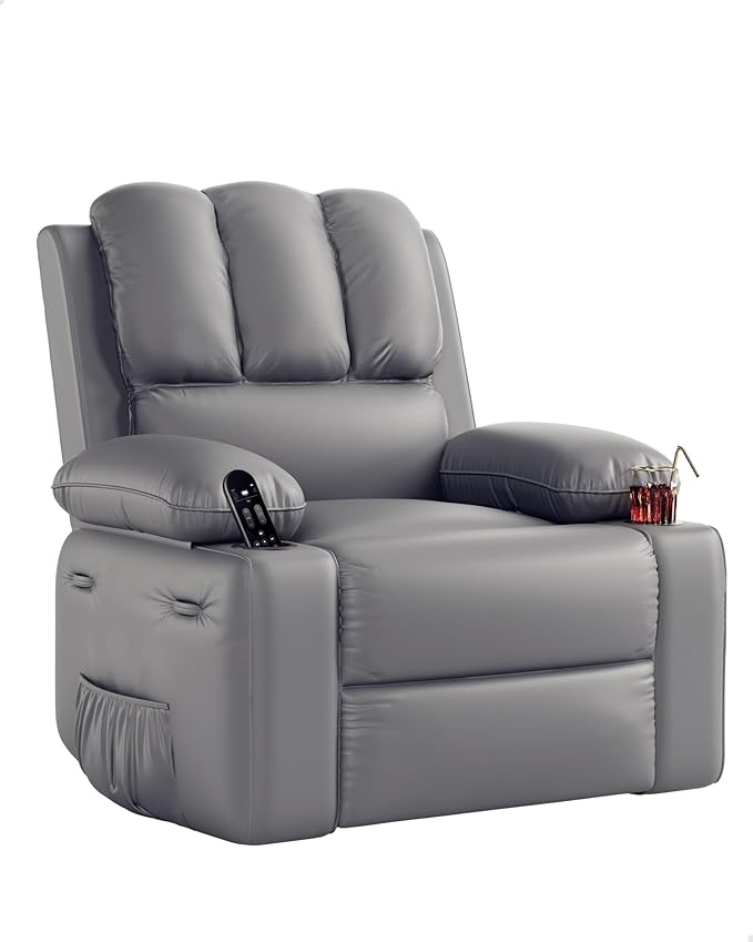 27'' Leather Recliner Chair Oversized, Overstuffed Manual Recliner Chair, Single Sofa for Adults, with Cup Holder and Side Pockets, for Living Rooms, Max Weight 400 lbs, Gray