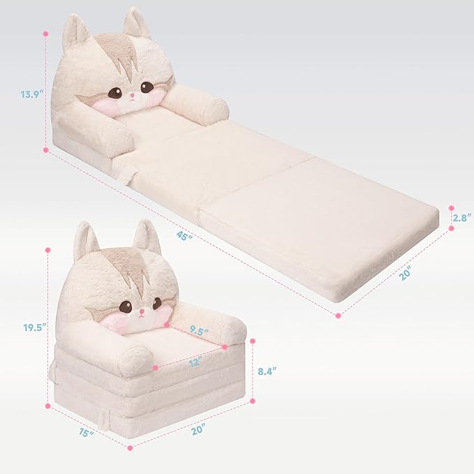 MONKISS 2-in-1 Toddler Couch Chairs Comfy, Kids Chair Couch, Mini Couch, Flip Out Sherpa Kids Sofa, Baby Couch, Chair for Toddlers 1-3, Kids Lounge Chair Reading Chair, Kids Couch Bed Fold Out, Cat