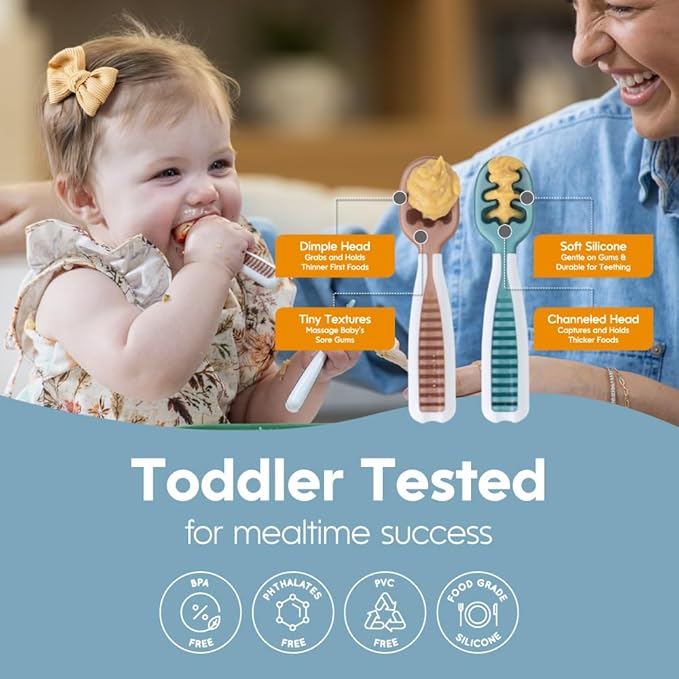 NumNum Baby Spoons Set, Feeding Littles x Silicone Pre-Spoon GOOtensils for Kids Aged 6+ Months - First Stage, Baby Led Weaning (BLW), Teething Spoon - Gift Set + Travel Case - 6 Spoons, Neon