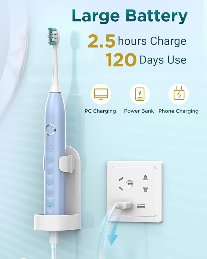 Rtauys Sonic Electric Toothbrush for Adults with 8 Brush Heads, IPX7 Travel Electric Toothbrush with Travel Case, 2.5 Hours Charge for 120 Days, 5 Modes with 2 Minutes Built in Smart Timer Light Blue