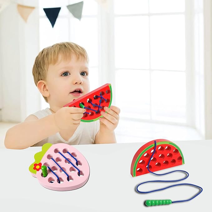 Wooden Lacing Toys for Toddlers, Baby Toys Strawberry Threading Toys Learning Fine Motor Skills,Montessori Sensory Educational Toys Wooden Block Puzzle Travel Toys for 1 2 3 Years Old Baby Boys Girls