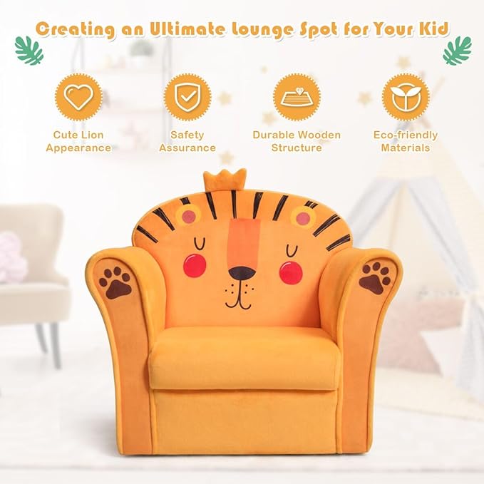 Costzon Kids Couch, Children's Sofa Armrest Chair with Pattern, Toddler Furniture w/Sturdy Wood Construction, Preschool, Lightweight Kids Couch Sofa Chair for Aged 1-5 Boys & Girls Gifts, Lion