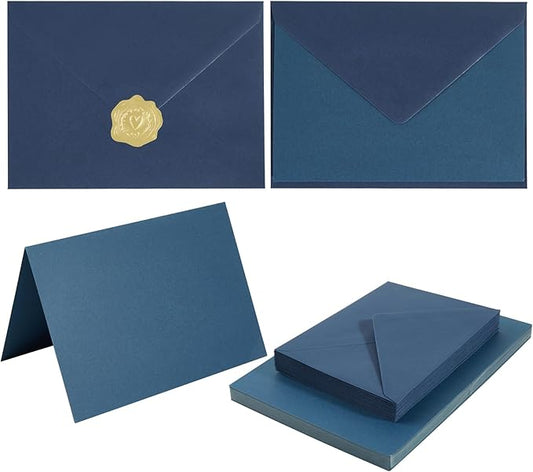 50 Pack Navy Blue A7 Envelopes with Cards 5x7 Thick Folded Cardstock and Gold Stickers for Greeting Cards, Wedding, Birthday, Invitations, Baby Showers (Navy Blue, 5x7)