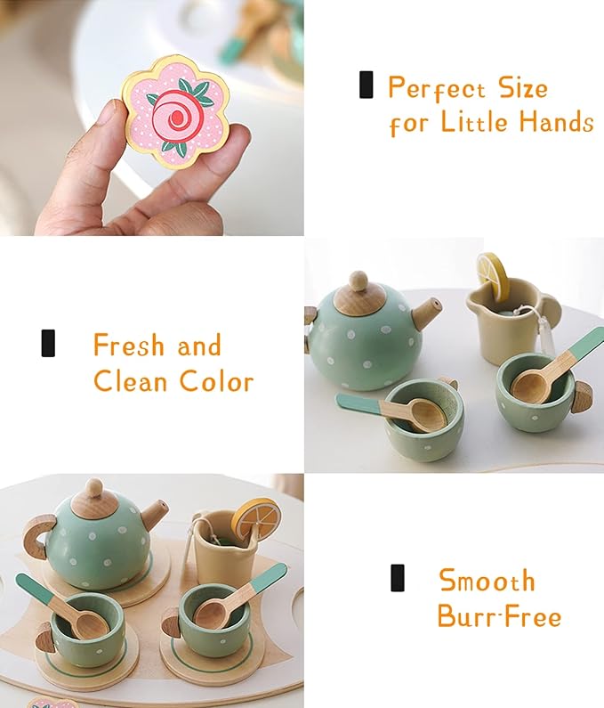Wooden Tea Party Set for Little Girls Toys, Pretend Play Kids Tea Set for Toddlers Wood Toys, Wooden Play Food Kitchen Accessories Sets for Kid