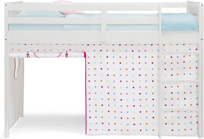 Delta Children Twin Loft Bed with Guardrail and Ladder + Tent [Bundle], White/Dots