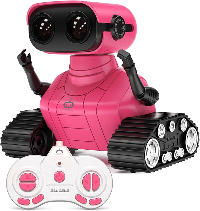 ALLCELE Robot Toys, Rechargeable RC Robots for Kids Boys, Remote Control Toy with Music and LED Eyes, Gift for Children Age 3 Years and Up - Rose Red