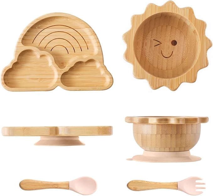 Bamboo Suction Plates Bowls Set for Baby Toddler Divided Platter Food bowl with Silicone Fork & Spoon All-Natural Baby Feeding Set for Baby-Led Weaning, Non-Slip Design