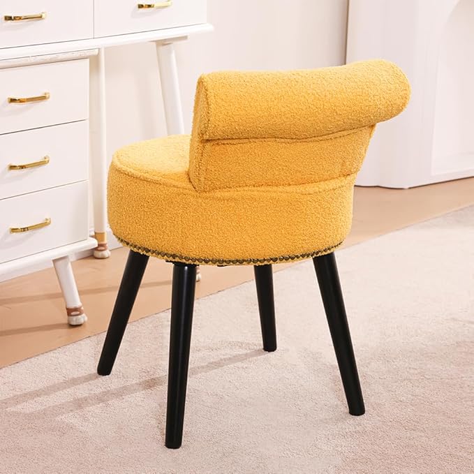 Sherpa Vanity Chair with Back Small Makeup Chair with Wood Legs Sherpa Vanity Stool Tufted Accent Chairs with Low Back Makeup Chair for Vanity for Women Girl and Kids (Yellow)