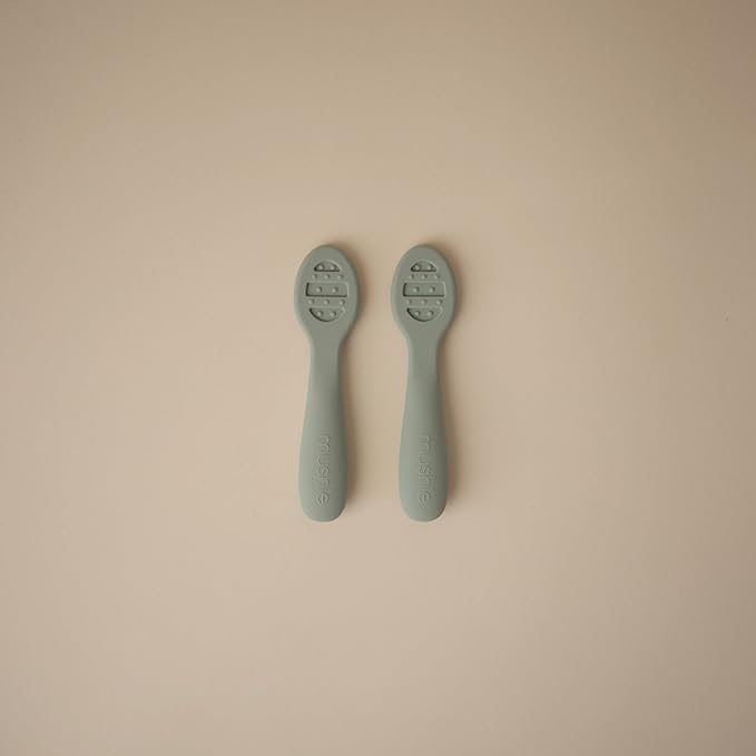mushie Silicone First Feeding Baby Spoons | 2 Pack (Cambridge Blue/Shifting Sand)
