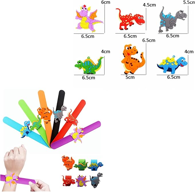 24pcs Cartonn Dragon Dinosaur Theme Slap Bracelets silicone Wristbands Keychain Ring and Bookmarks Party Favors