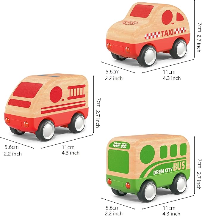 3pcs Wooden Toys Cars, Taxi, Fire Truck, City Bus, Educational Toy, Early Learning for Toddlers, Colorful Vehicles Play Set for 2 3 Year Old Boys Girls Christmas Birthday Gift