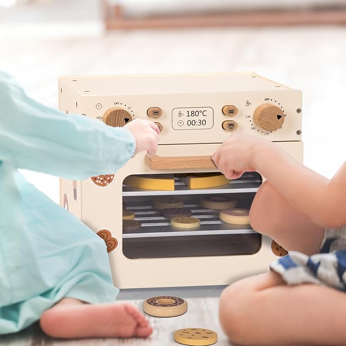 Wooden Kids Oven, Pretend Play Oven for Toddlers with DIY Stickers, Kitchen Play Set Accessories with Push-Pull Baking Tray. Ideal Choice for Boys and Girls Aged 3+