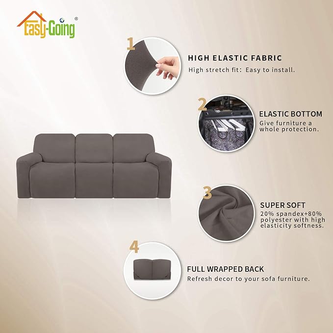Easy-Going 8 Pieces Microfiber Stretch Sectional Recliner Sofa Slipcover Soft Fitted Fleece 3 Seats Couch Cover Washable Furniture Protector with Elasticity for Kids Pet(Recliner Sofa, Taupe)