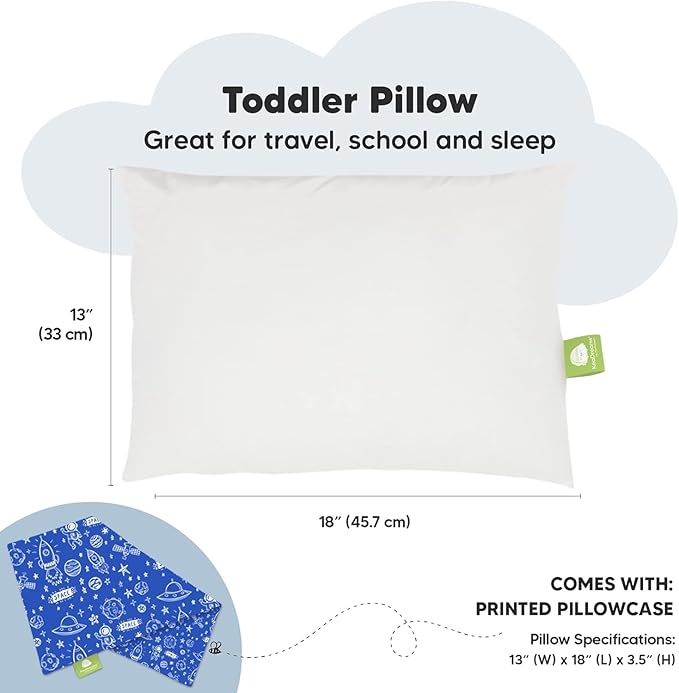 Toddler Pillow with Pillowcase - 13x18 My Little Dreamy Pillow, Organic Cotton Toddler Pillows for Sleeping, Kids Pillow, Travel Pillows,Mini Pillow,Nursery Pillow,Toddler Bed Pillow (Off to Space)