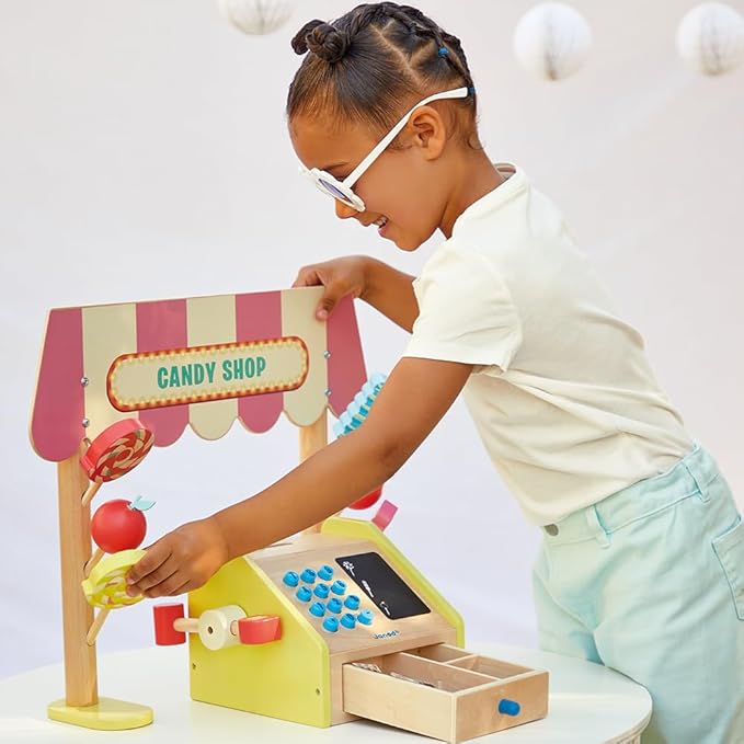 Janod - Applepop Children's Merchant - Imitation Game with Cash Register - 19 Accessories - Develops Imagination - FSC Wooden Toy - Water Painting - Suitable for Ages 3 and Above