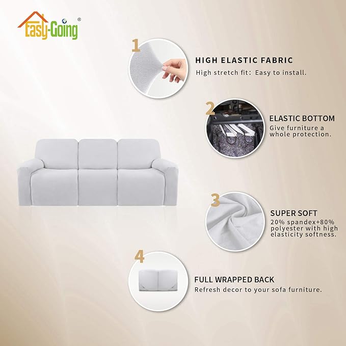 Easy-Going 8 Pieces Microfiber Stretch Sectional Recliner Sofa Slipcover Soft Fitted Fleece 3 Seats Couch Cover Washable Furniture Protector with Elasticity for Kids Pet(Recliner Sofa, Snow White)