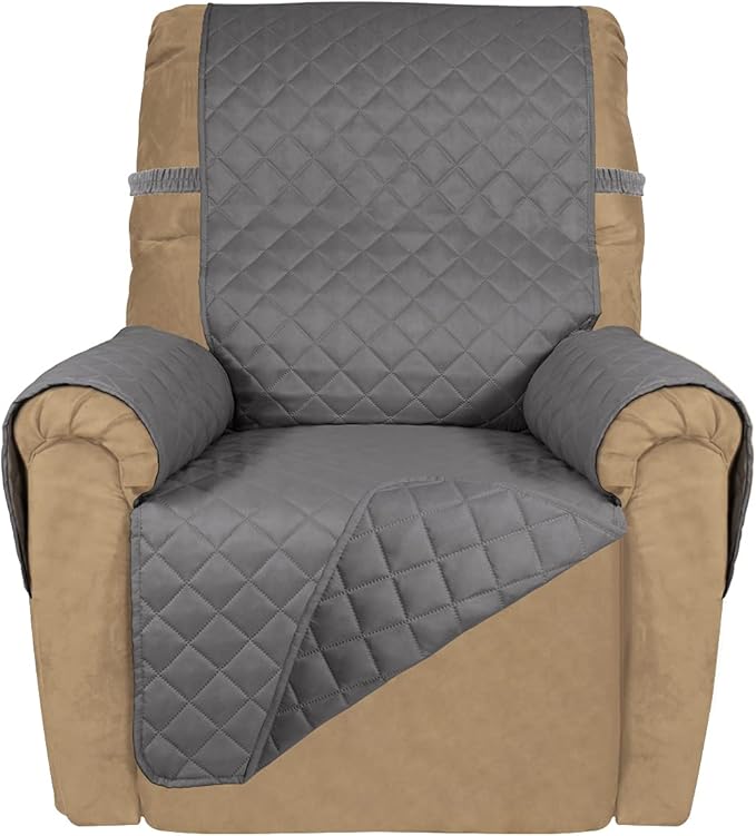 PureFit Reversible Quilted Sofa Cover, Water Resistant Slipcover Furniture Protector, Washable Couch Cover with Non Slip and Elastic Straps for Kids, Dogs, Pets (Small Recliner, Gray/Gray)