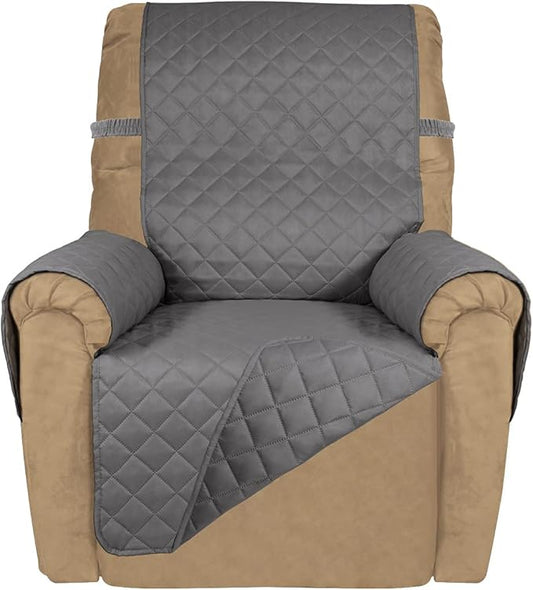 PureFit Reversible Quilted Sofa Cover, Water Resistant Slipcover Furniture Protector, Washable Couch Cover with Non Slip and Elastic Straps for Kids, Dogs, Pets (Small Recliner, Gray/Gray)