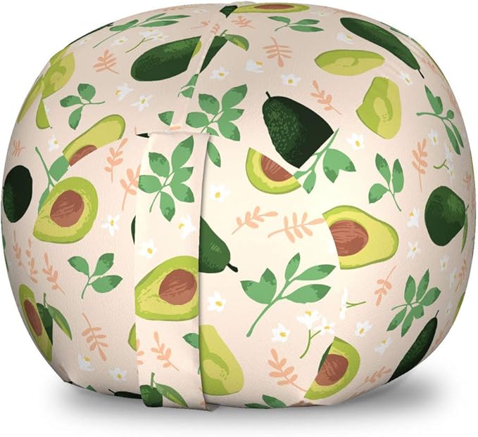 Ambesonne Avocado Storage Toy Bag Chair, Concept of Whole Fruit and Slices with Flowers and Leaves, Stuffed Animal Organizer Washable Bag, Small Size, Champagne Multicolor