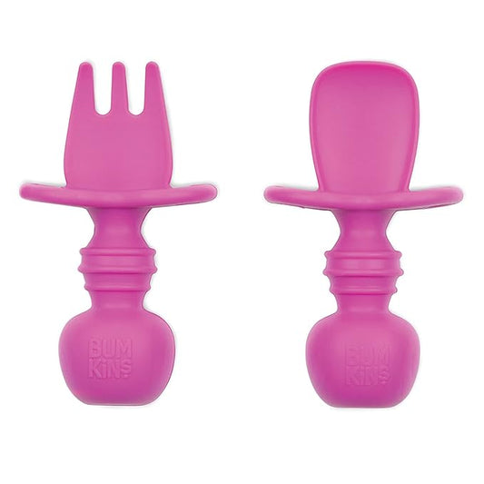 Bumkins Baby Utensils Set, Chewtensils Silicone Spoons for Dipping, Self-Feeding, Baby Led Weaning, Trainer Learning, First Stage Eating, Soft Practice Fork and Spoon, Babies 6 Months, Fuchsia